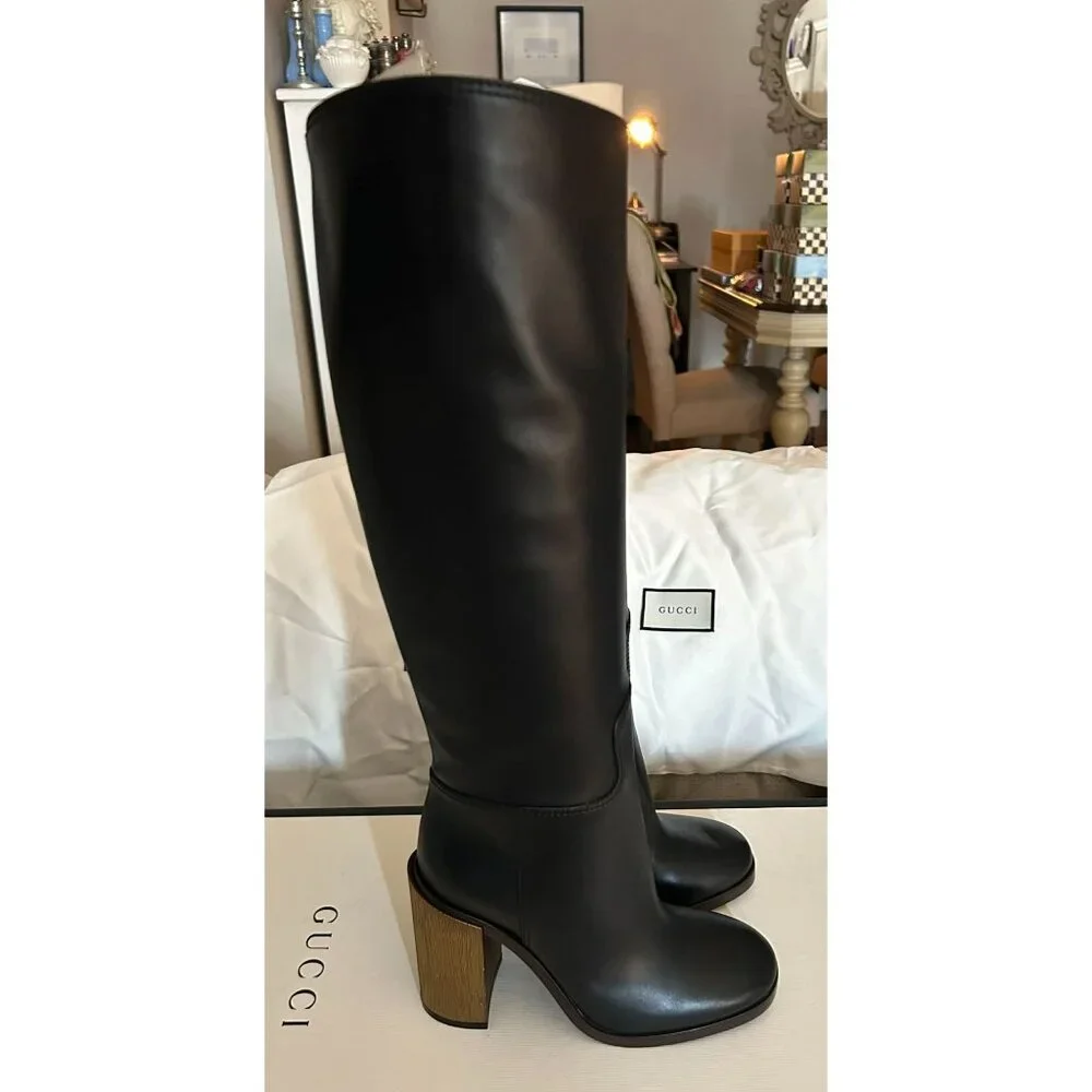 NIB $1800 Gucci Lifford Leather Gold Tone Striped Metallic Knee Boots Black Size